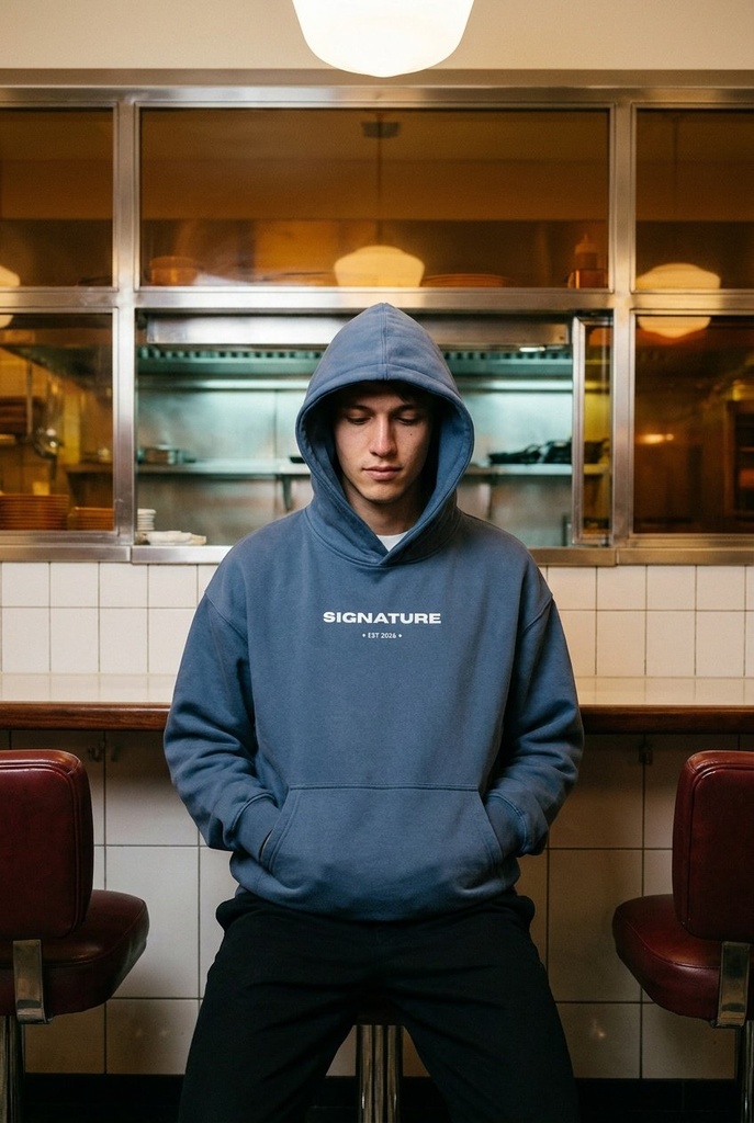 Modelo con sudadera SIGNATURE azul en una cafetería